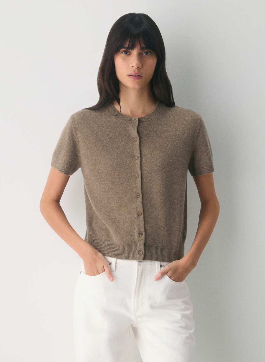 cardigan girocollo a maniche corte in cashmere bare heather folio brown