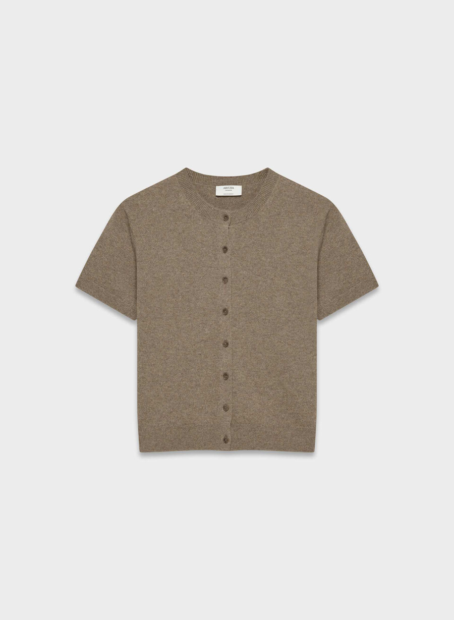 cardigan girocollo a maniche corte in cashmere bare heather folio brown
