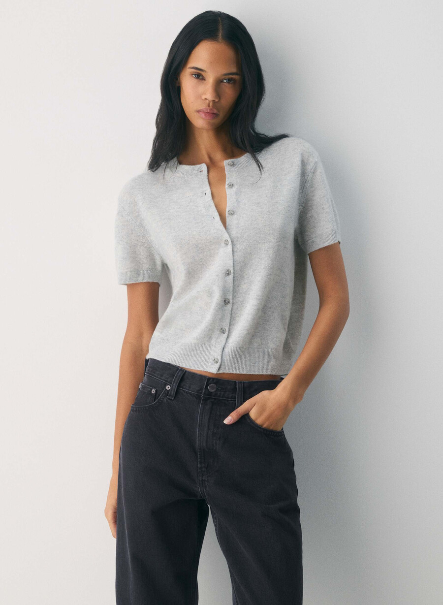 cardigan girocollo a maniche corte in cashmere bare heather chrome
