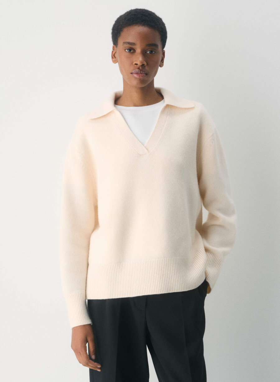 maglione polo oversize in cashmere felpato bianco sussurramento
