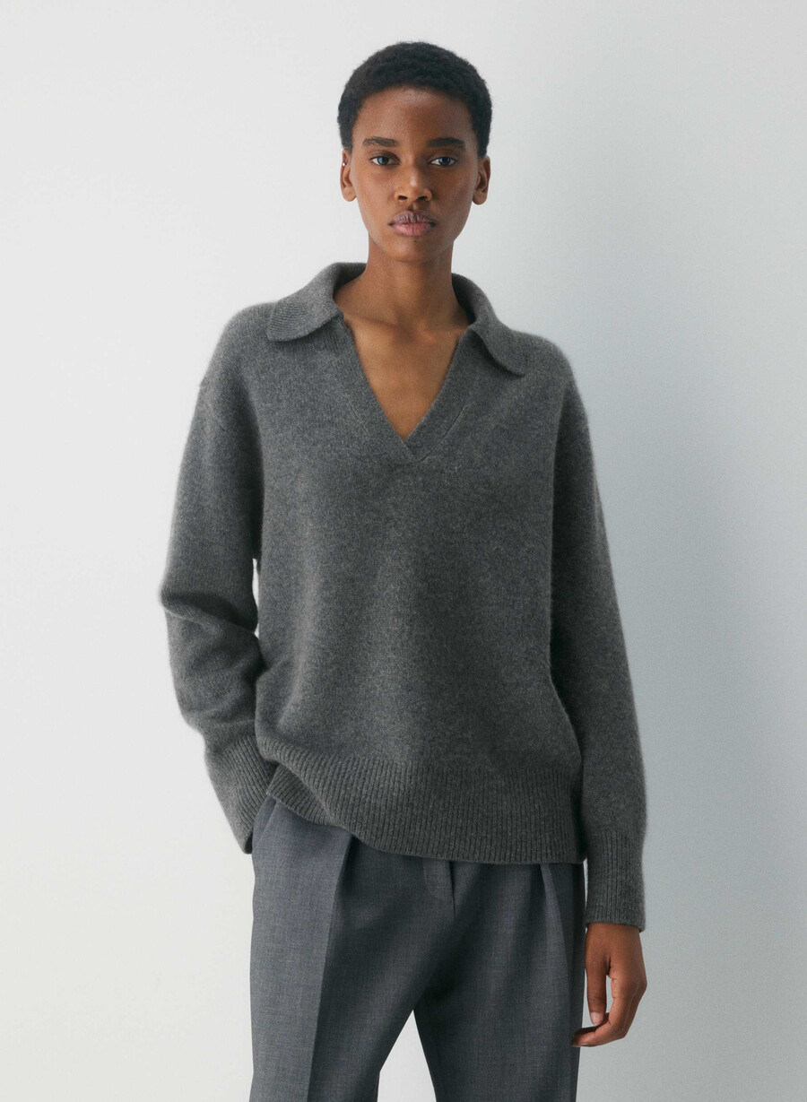 maglione polo oversize in morbido cashmere heather charcoal